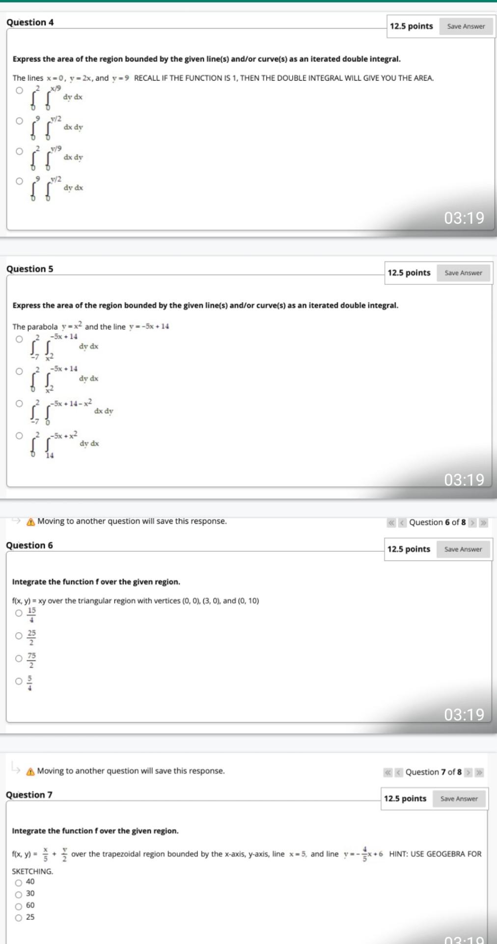 Solved Question 4 12.5 points Save Answer Express the area | Chegg.com