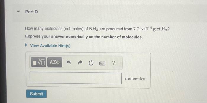 Solved How Many Molecules Not Moles Of Nh3 Are Produced 2479