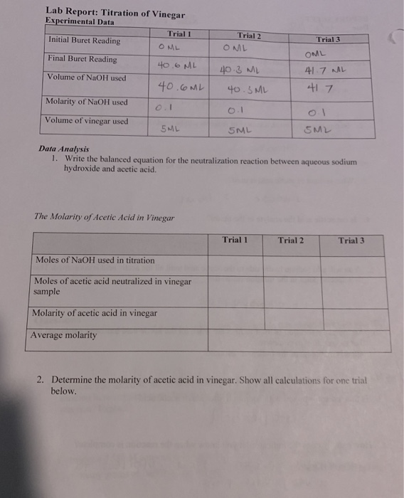 Solved Lab Report Titration of Vinegar Experimental Data