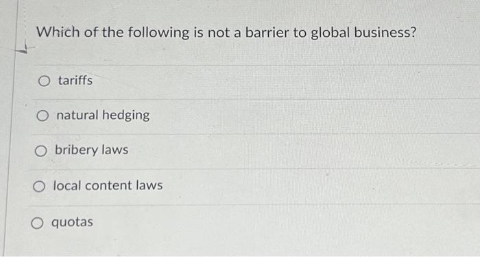 Solved Which of the following is not a barrier to global | Chegg.com