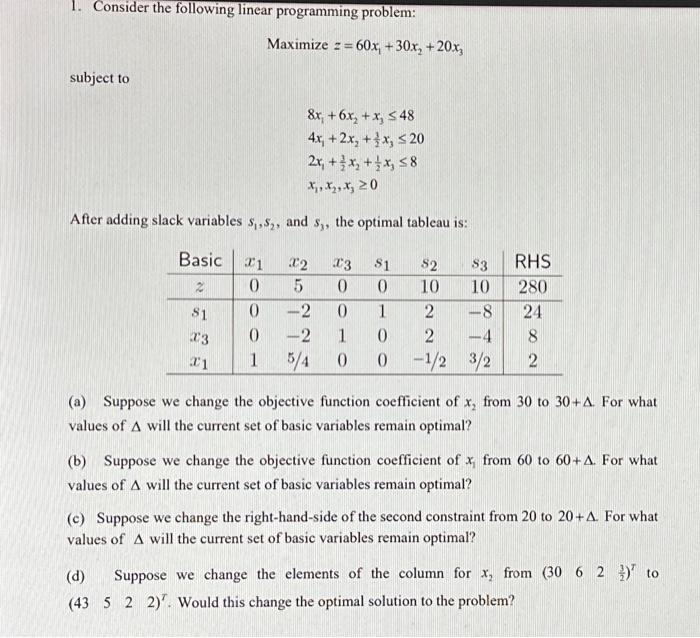 Solved 1. Consider the following linear programming problem: | Chegg.com