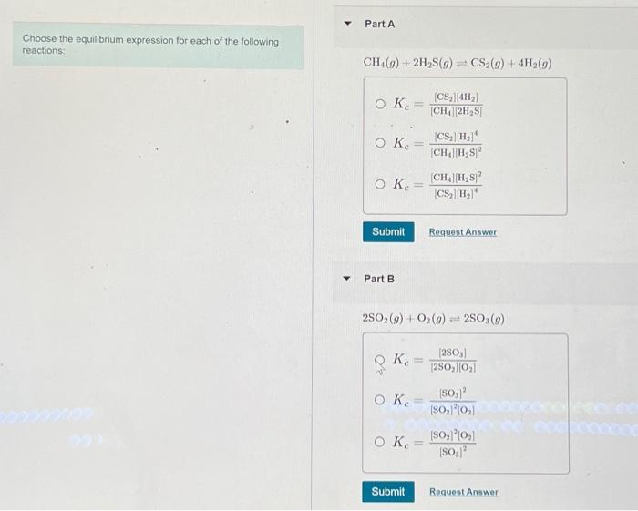 Solved Choose the equilibrium expression for each of the | Chegg.com