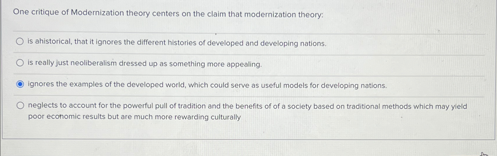 Solved One critique of Modernization theory centers on the | Chegg.com