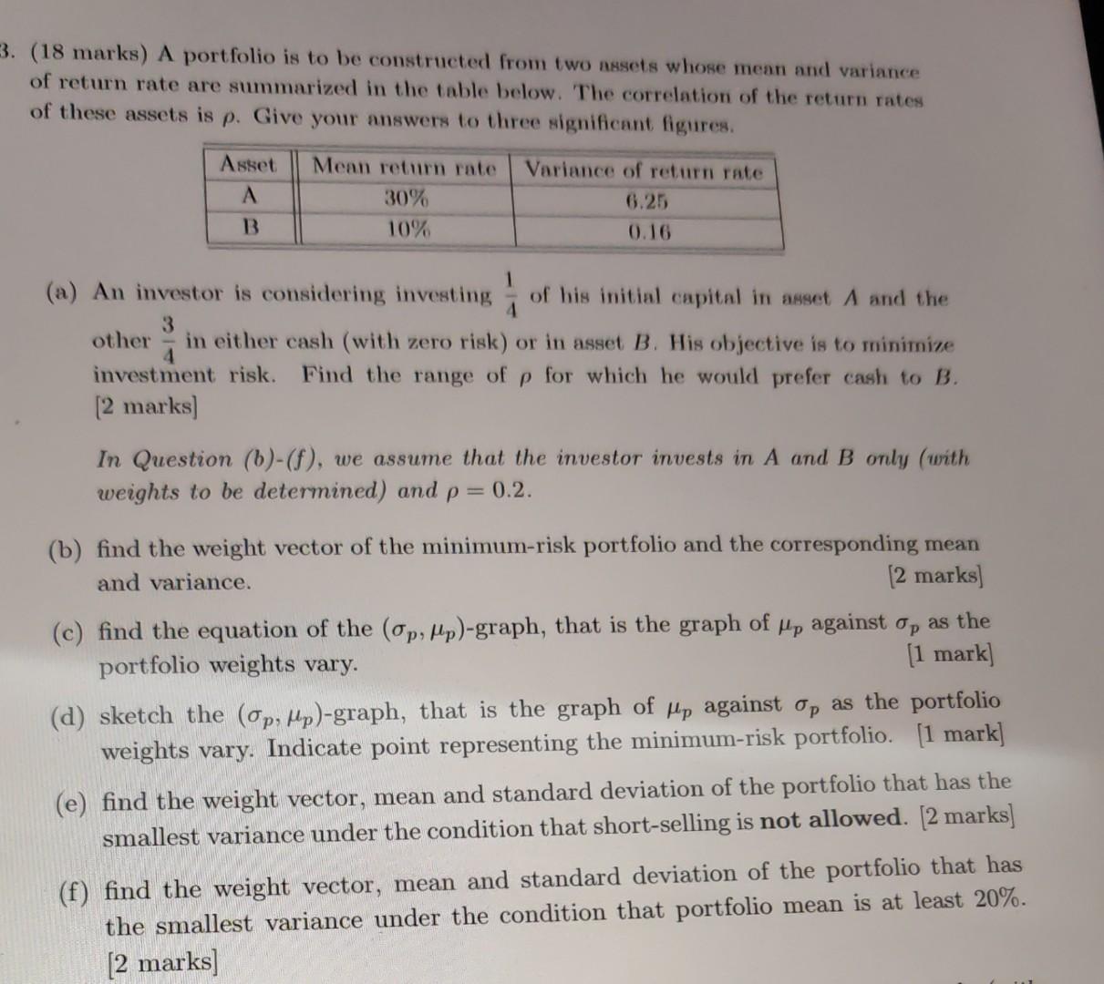 Solved 18 marks a portfolio is to be constructed from two chegg