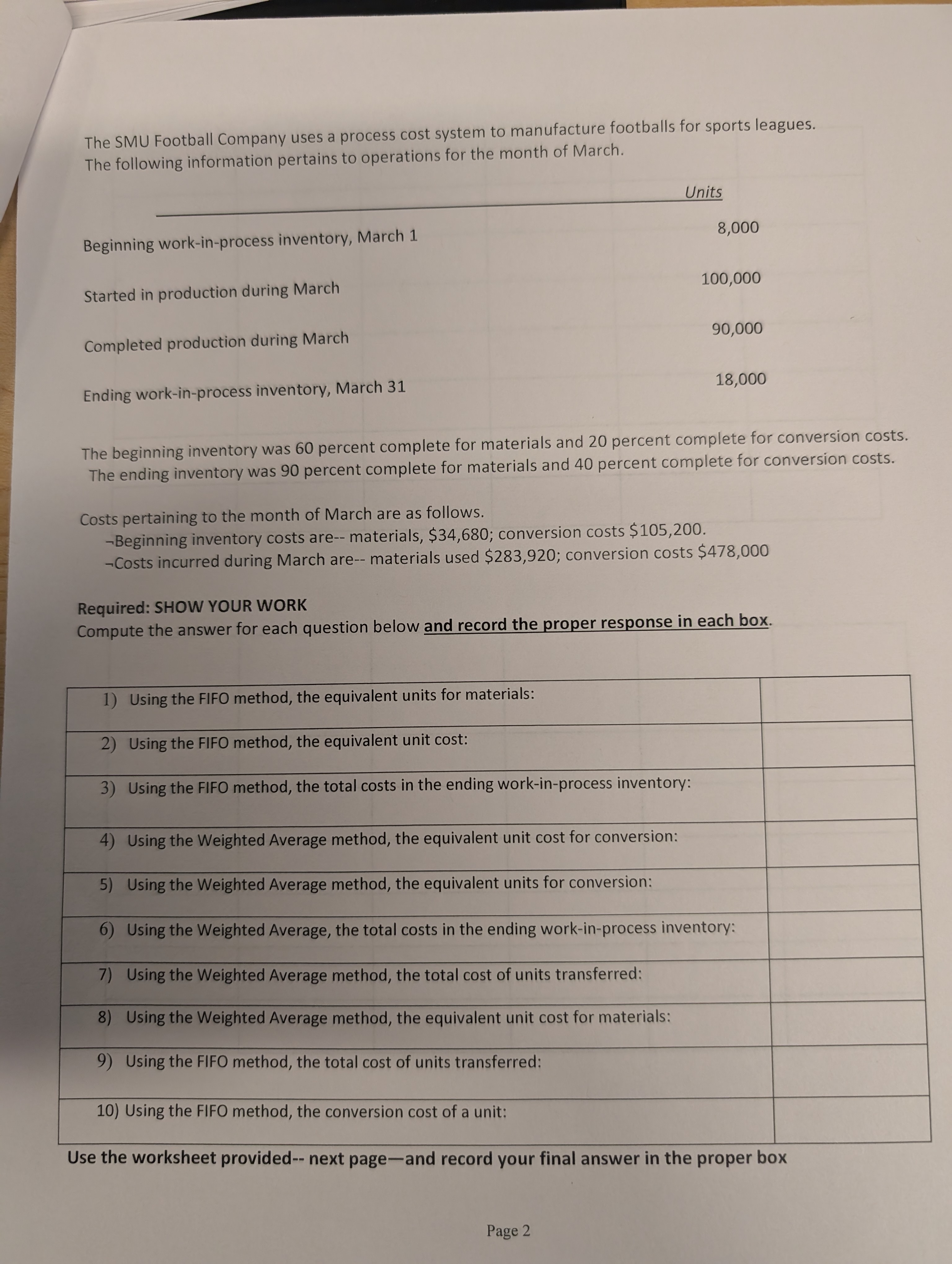 the SMU football company uses a process cost system