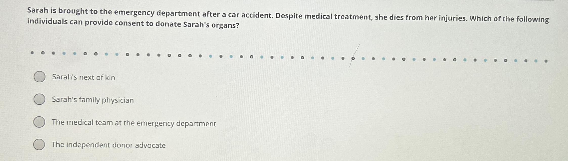 Solved Sarah is brought to the emergency department after a | Chegg.com