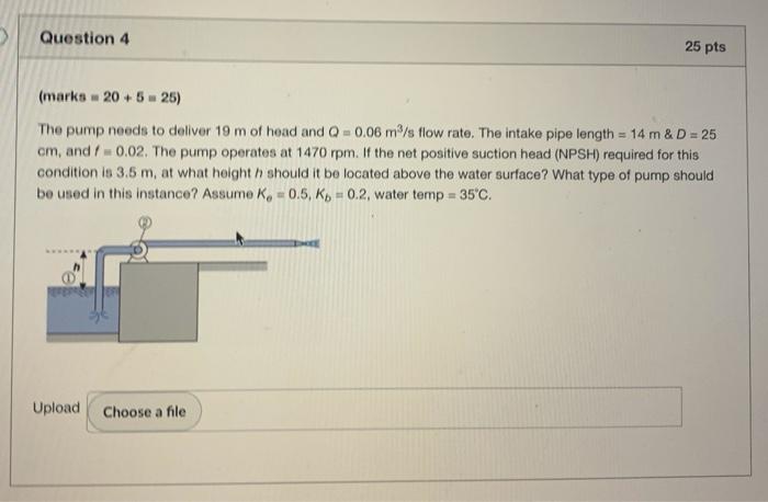Solved Question 4 25 pts (marks 20 +5.25) The pump needs to | Chegg.com