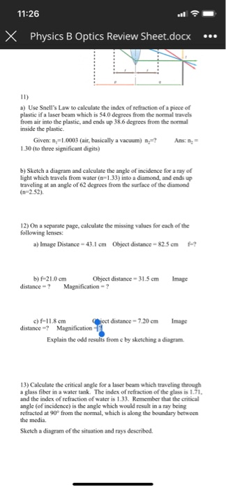 Solved 11:26 X Physics B Optics Review Sheet.docx ... A) Use | Chegg.com