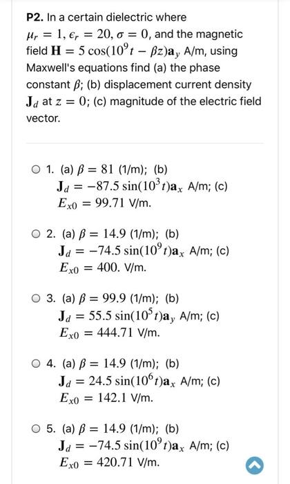 Solved P2 In A Certain Dielectric Where Mr 1 R Chegg Com