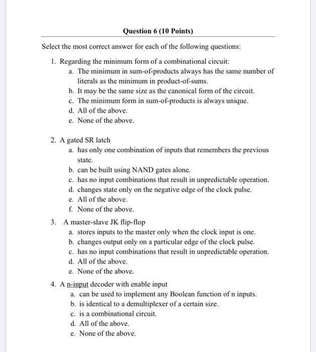 Solved Question 6 (10 Points) Select the most correct answer | Chegg.com