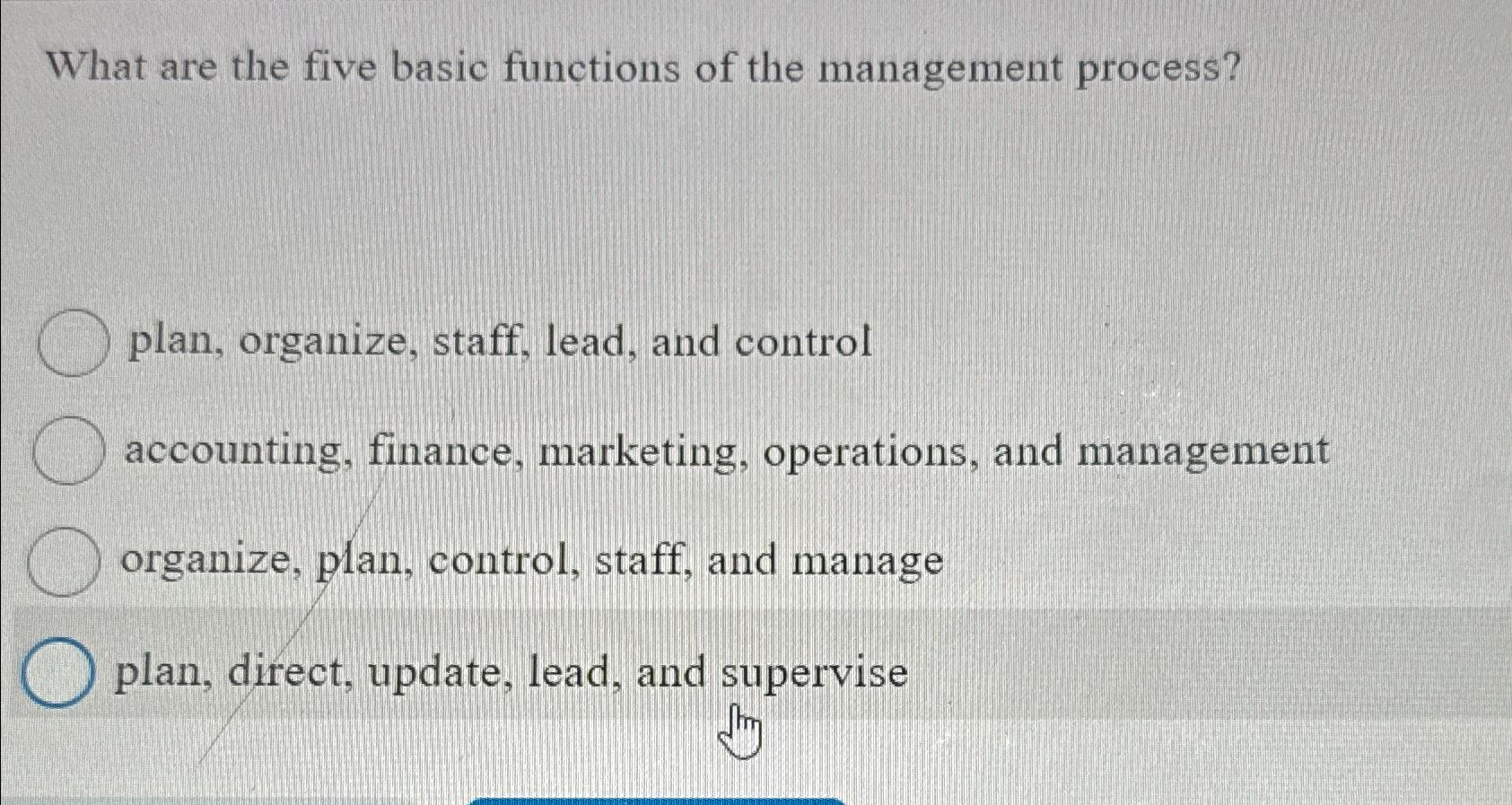 Solved What are the five basic functions of the management | Chegg.com