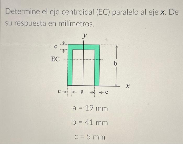 Determine el eje centroidal (EC) paralelo al eje \( \boldsymbol{x} \). De su respuesta en milímetros. \[ \begin{array}{l} a=1