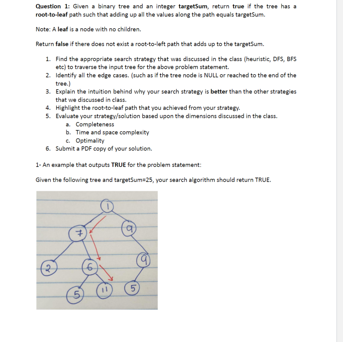 Solved Question 1: Given a binary tree and an integer | Chegg.com