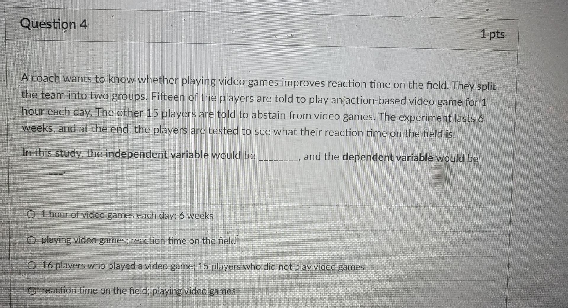 Solved Question 4 1 pts A coach wants to know whether | Chegg.com