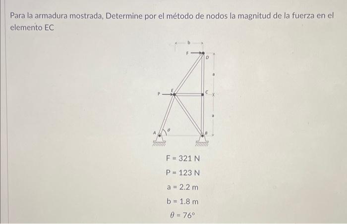 Para la armadura mostrada, Determine por el método de nodos la magnitud de la fuerza en el elemento EC \[ \begin{array}{c} F=