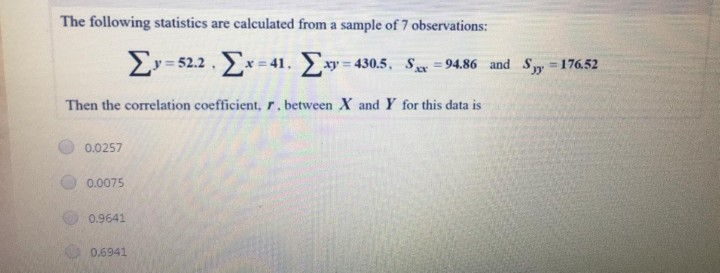 Solved The following statistics are calculated from a sample | Chegg.com