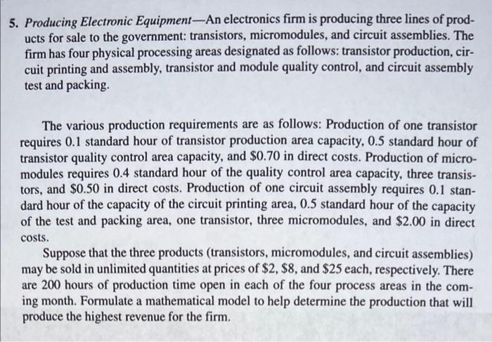 Solved 5. Producing Electronic Equipment_An electronics firm | Chegg.com
