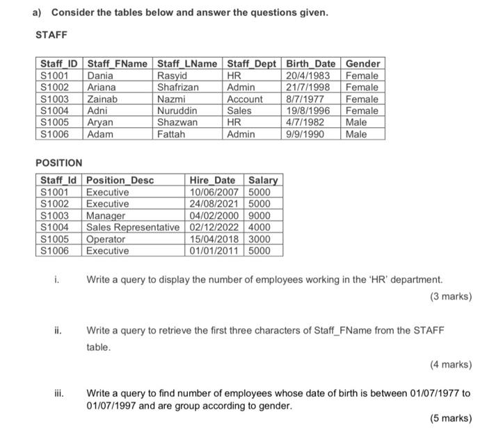 Solved a) Consider the tables below and answer the questions | Chegg.com