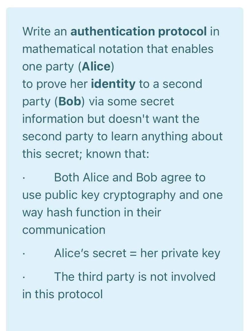 Solved Write an authentication protocol in mathematical | Chegg.com