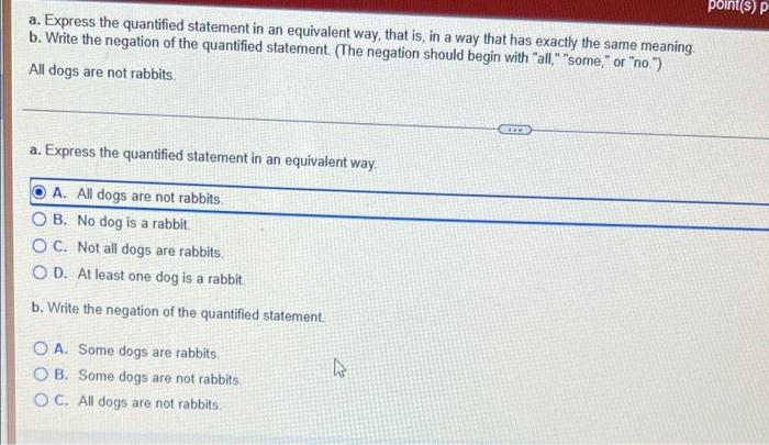 Solved a. Express the quantified statement in an equivalent | Chegg.com