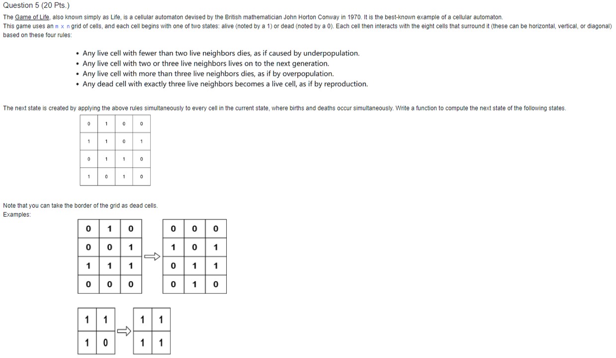 Solved Question 5 (20 ﻿Pts.)The Game of Life, also known | Chegg.com