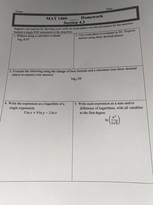 Solved Date: Name: Homework MAT 1460- Section 4.3 Support | Chegg.com