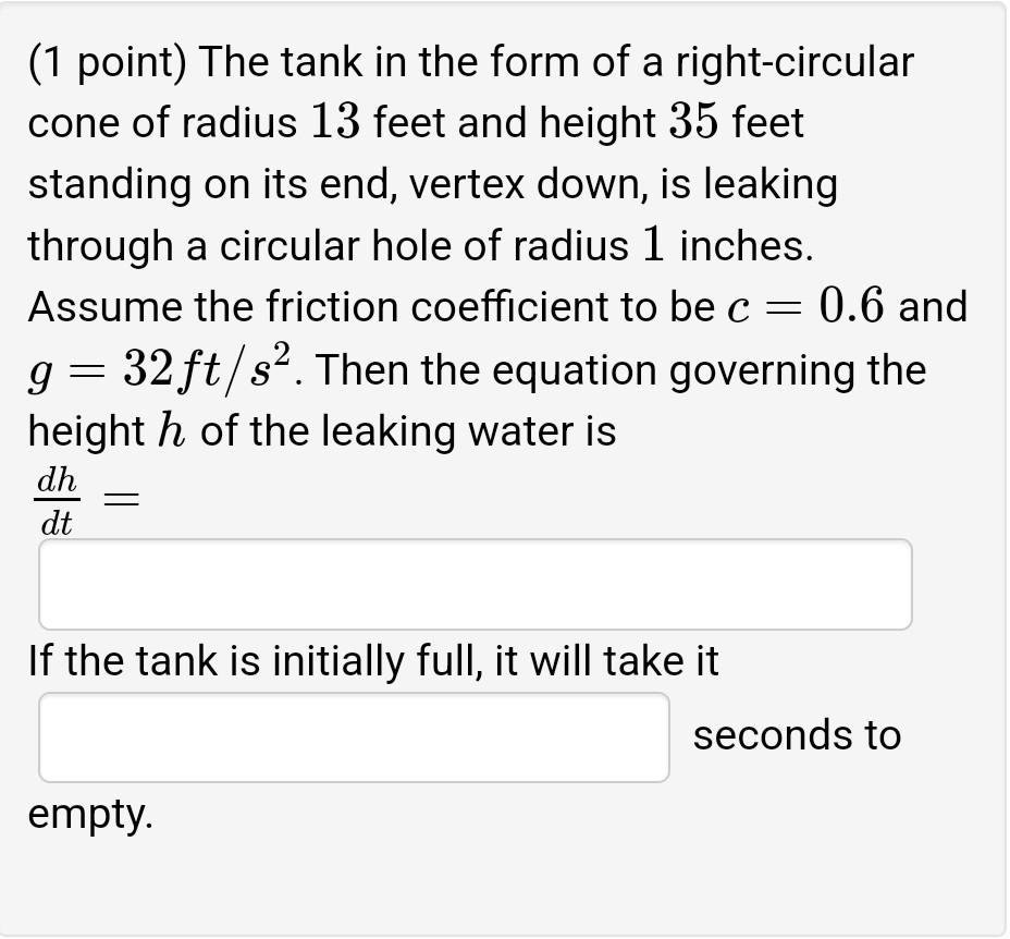 Solved (1 point) The tank in the form of a right-circular | Chegg.com