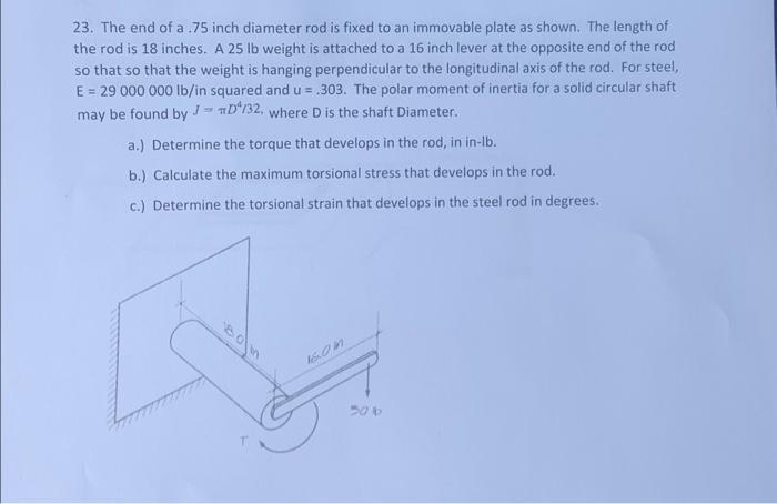Solved 23. The end of a .75 inch diameter rod is fixed to an | Chegg.com