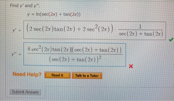 Solved Find Y And Y Y In Sec 2x Tan 2x Y 1 2 Chegg Com