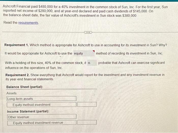 Solved Ashcroft Financial paid 480,000 for a 40 investment