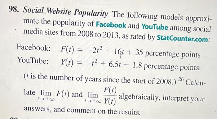 Solved 98. Social Website Popularity The following models | Chegg.com