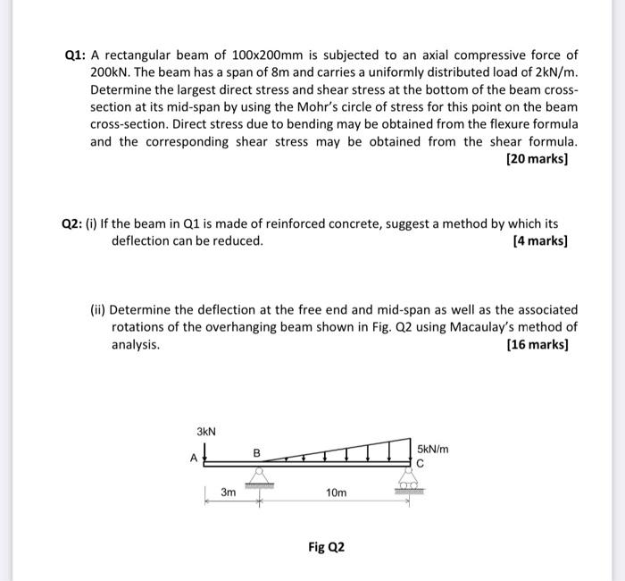 Solved Q1: A rectangular beam of 100x200mm is subjected to | Chegg.com