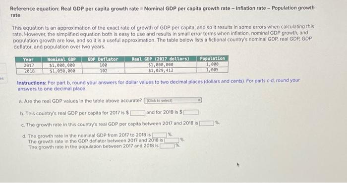 Solved Reference Equation: Real GDP Per Capita Growth Rate = | Chegg.com