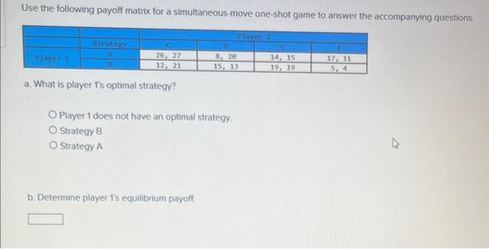 Use the following payoff matrix for a simultaneous-move one-shot game to answer the accompanying questions.
a. What is player