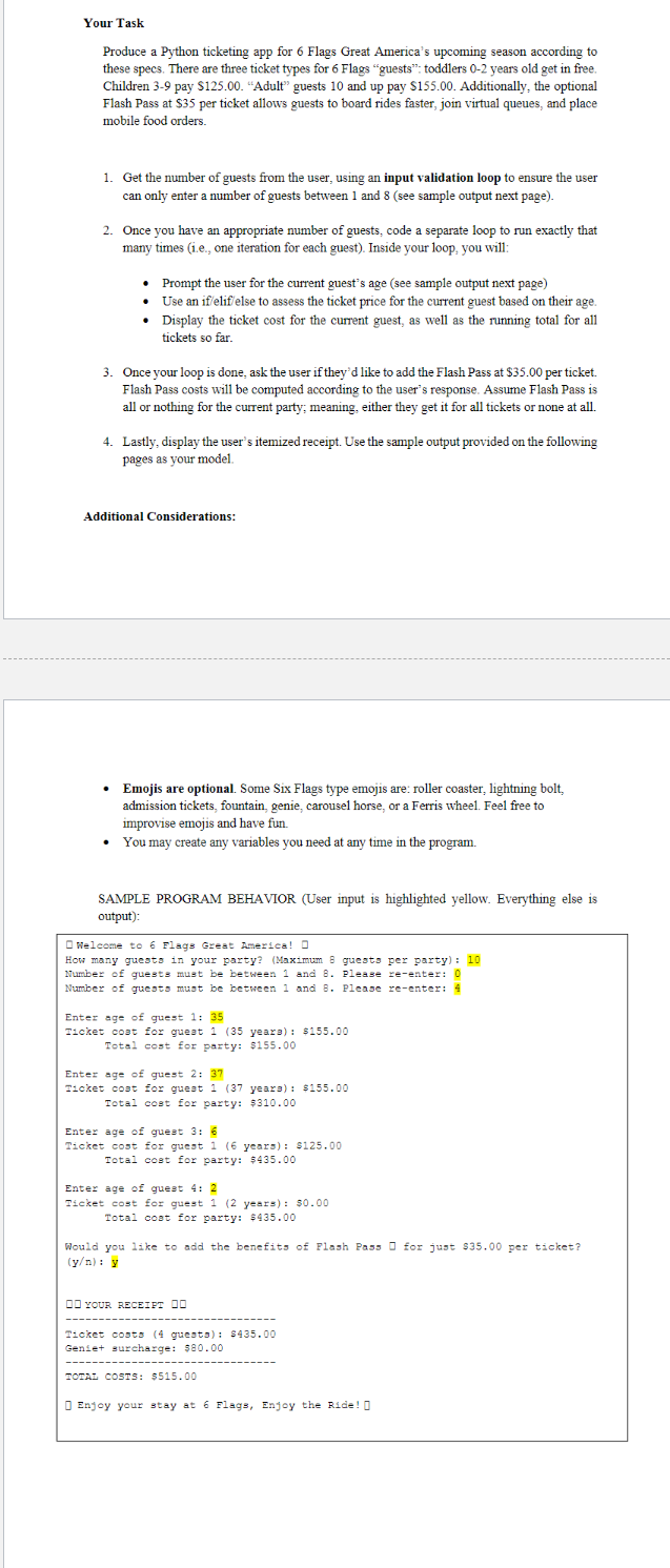 Solved Produce a Python ticketing app for 6 ﻿Flags Great | Chegg.com