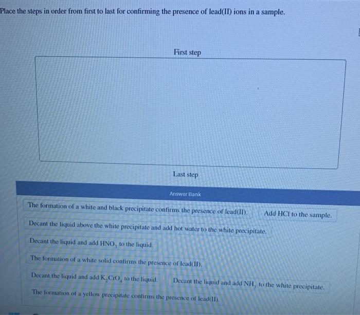 Place the steps in order from first to last for confirming the presence of lead(II) ions in a sample.