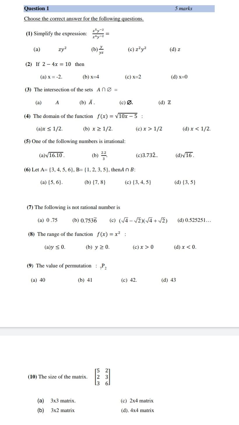 Solved Question 1 5 marks Choose the correct answer for the | Chegg.com