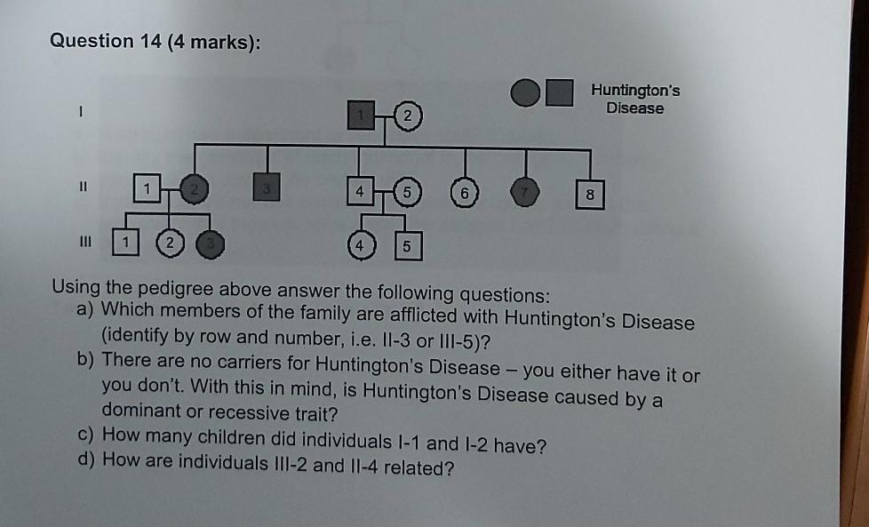 Solved Question 14 (4 marks) Huntington's Disease 1 1 4 8 5