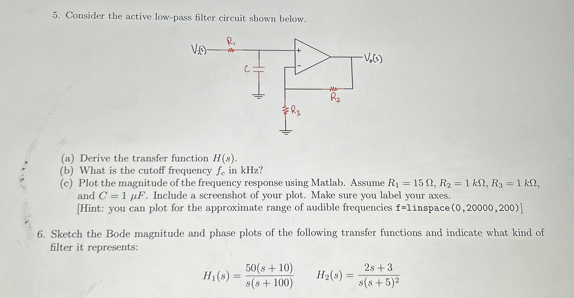 Solved Consider the active low-pass filter circuit shown | Chegg.com
