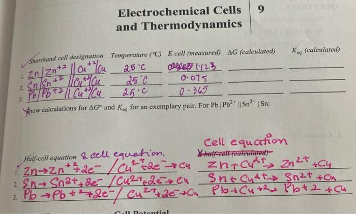 Solved 9 Electrochemical Cells and Thermodynamics Keg | Chegg.com