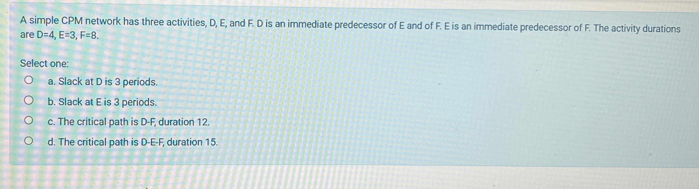 Solved A Simple CPM Network Has Three Activities, D, ﻿E, | Chegg.com
