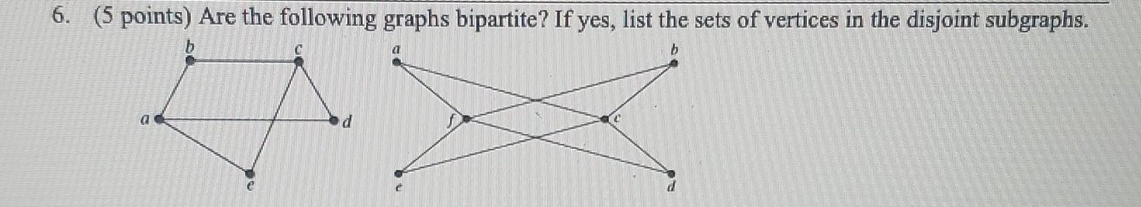 Solved 6. (5 points) Are the following graphs bipartite? If | Chegg.com