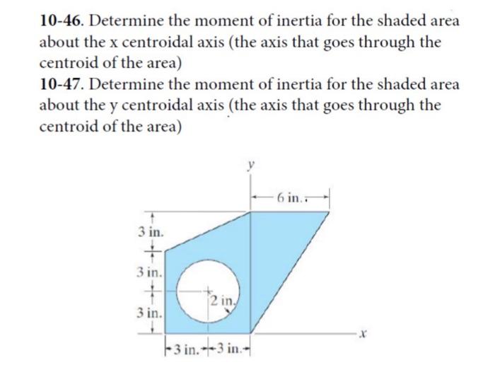 10-46. Determine the moment of inertia for the shaded area about the \( \mathrm{x} \) centroidal axis (the axis that goes thr