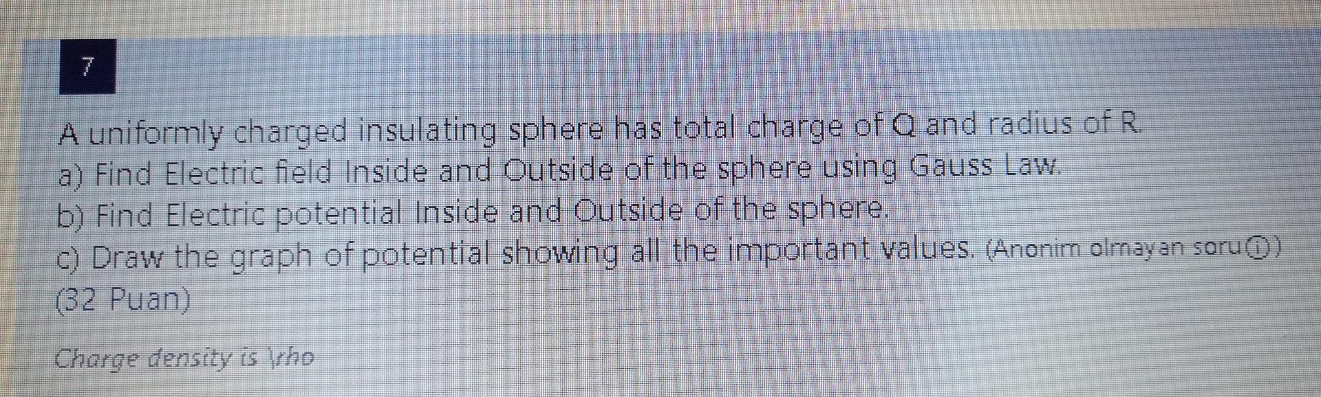 Solved 7 A uniformly charged insulating sphere has total | Chegg.com