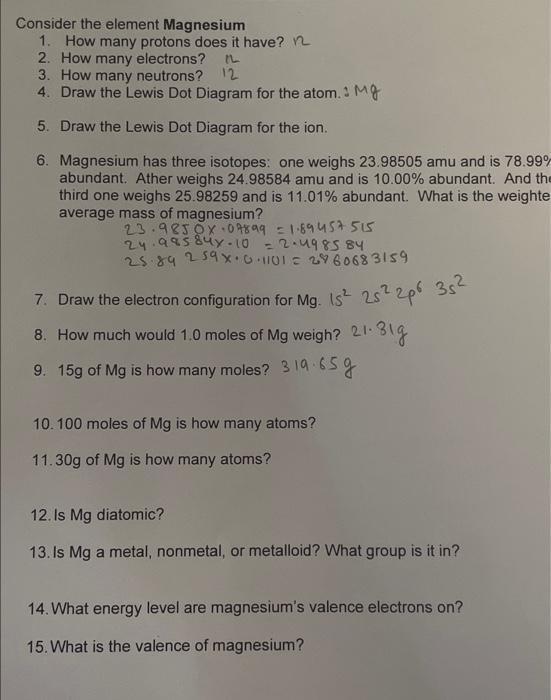 Solved Consider the element Magnesium 1. How many protons