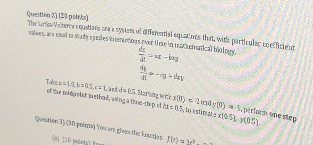 Solved Question 2) (20 Points) The Lotka.Volterra Equations | Chegg.com