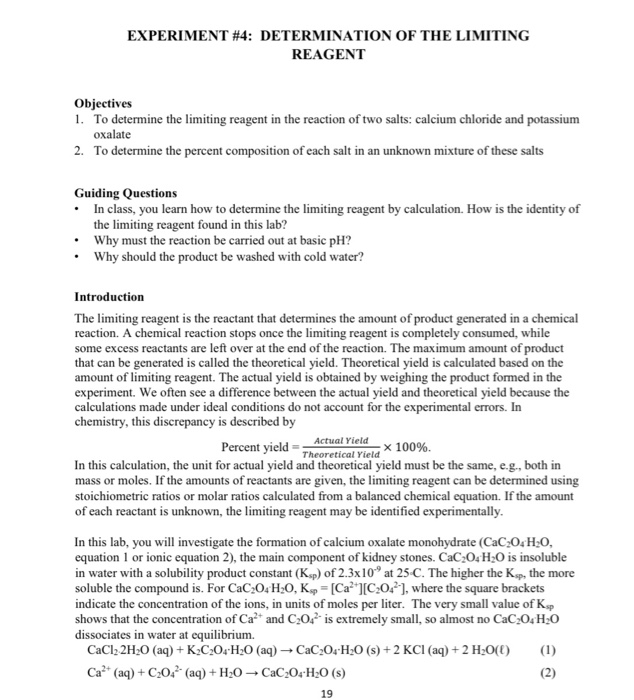 EXPERIMENT #4: DETERMINATION OF THE LIMITING REAGENT | Chegg.com