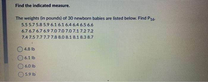 Solved Find the indicated measure. The weights in pounds Chegg