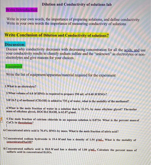 Solved Dilution and Conductivity of solutions lab Write