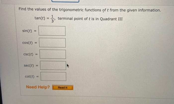 Solved Find the values of the trigonometric functions of t | Chegg.com